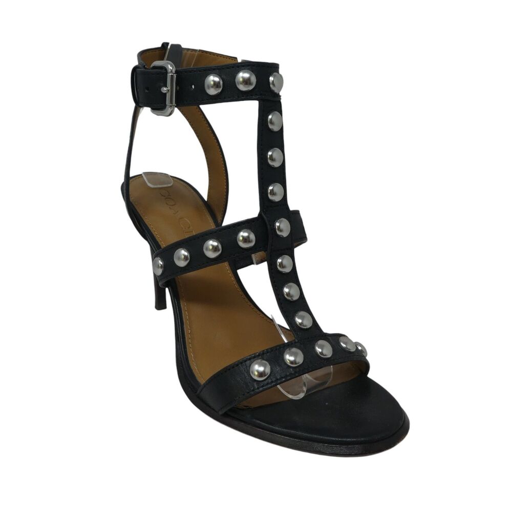 Coach Isabell‎ II Black Leather Studded Open Toe Cage Heels